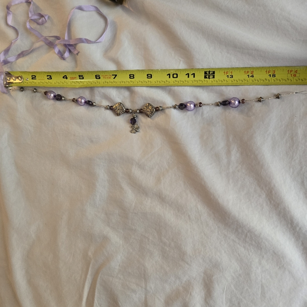Handmade Butterfly Charm Beaded necklace silver & lavender beads purple ribbon - Picture 5 of 5